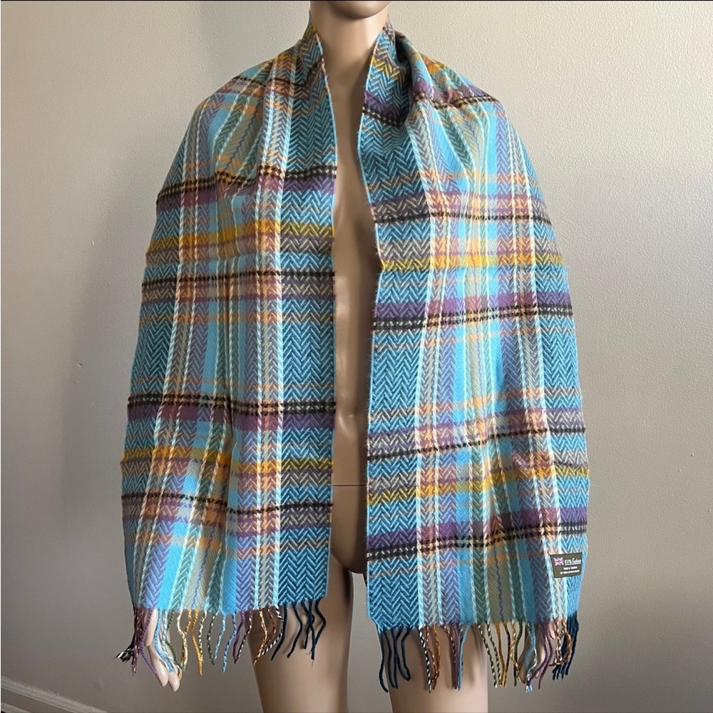 100% Cashmere Scarf Blue Multicolored Winter Made in Scotland - Picture 2 of 8